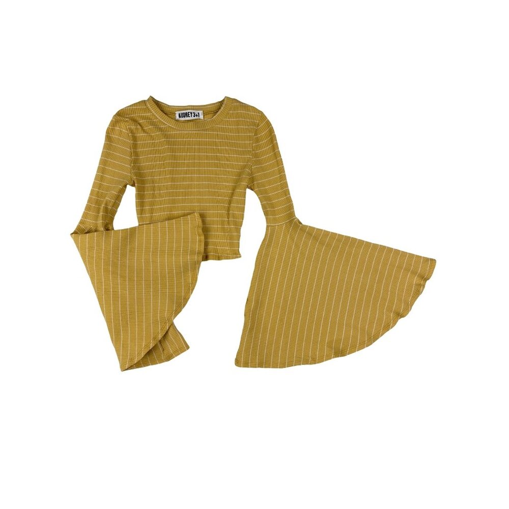 Audrey 3 + 1 - Flare Sleeve Striped Top in Mustard Yellow & White